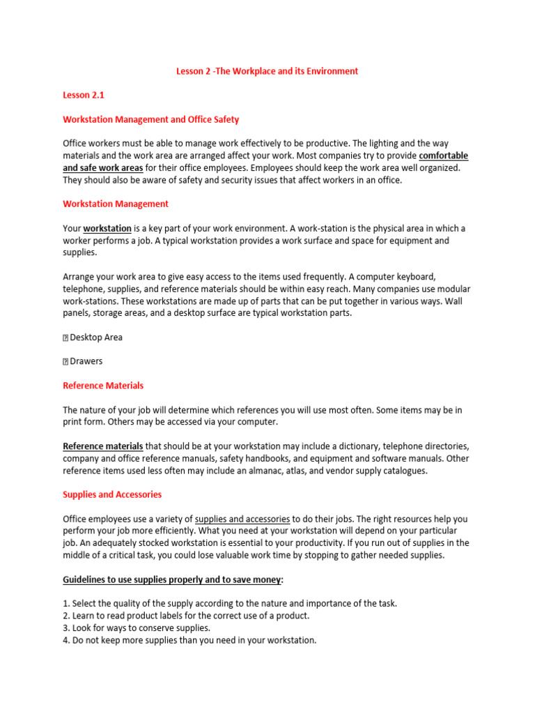 Lesson 2.1. The Workplace and Its Environment - Admin and Ofc MGT ...