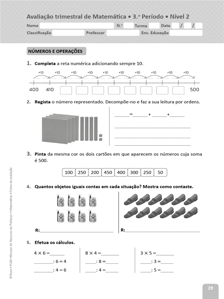 Avaliação Trimestral de Matemática - 3.º Período - Nível 2 | PDF