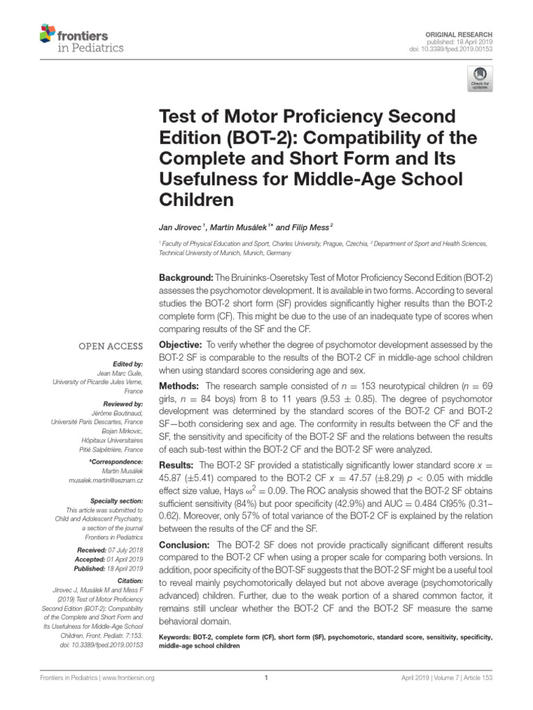 BOT-2 Test: Short vs Complete Form | PDF | Receiver Operating ...