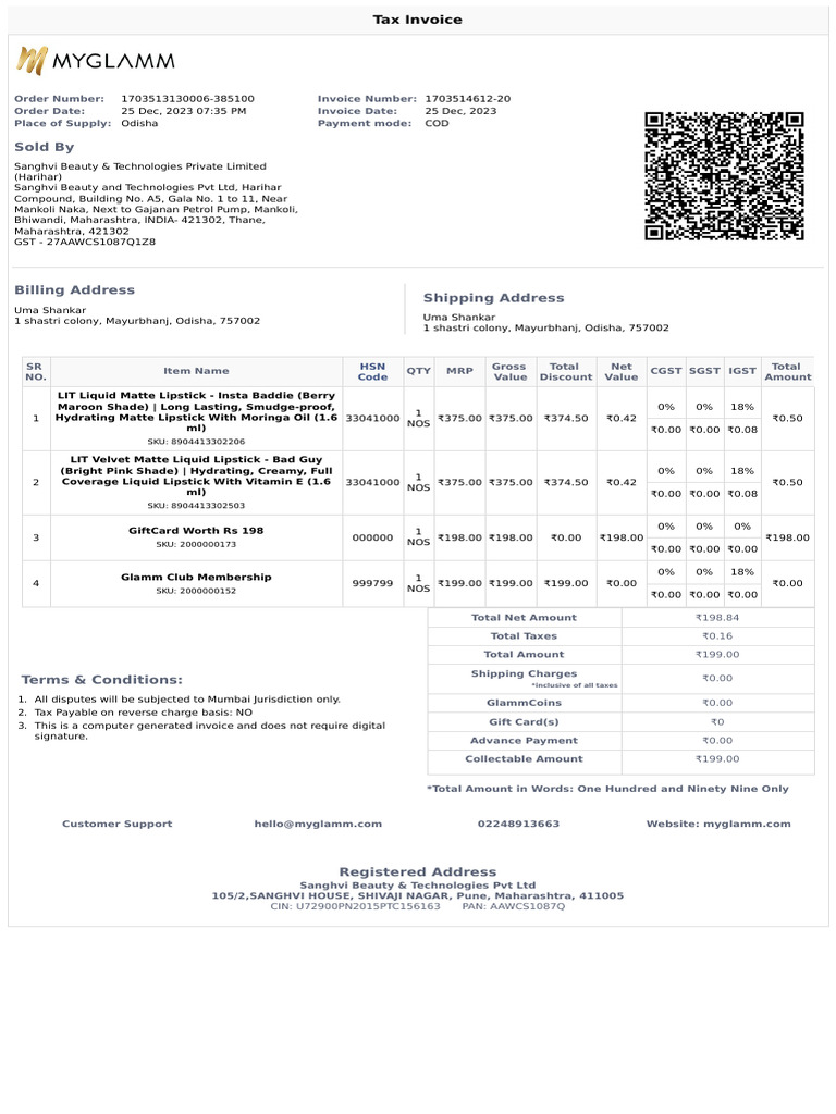 MyGlamm Invoice 1703514612-20 | PDF