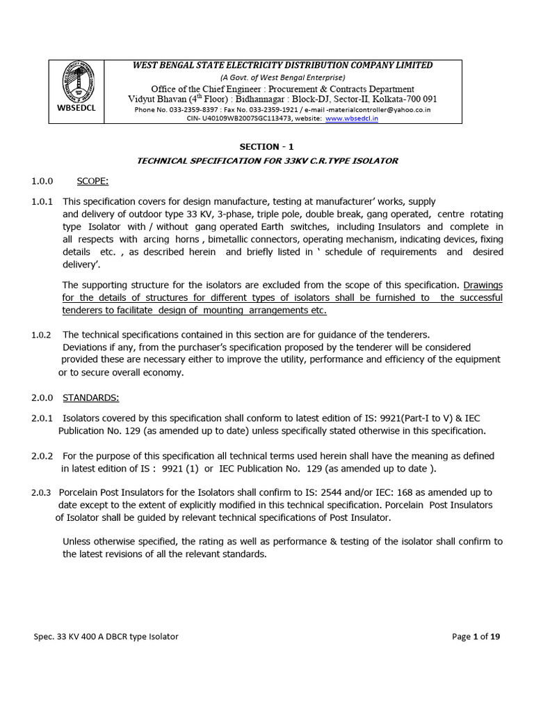 33KV 400A DBCR Isolator Specification | PDF