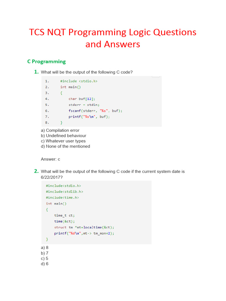 TCS NQT Programming Logic Questions and Answers | PDF | Parameter ...