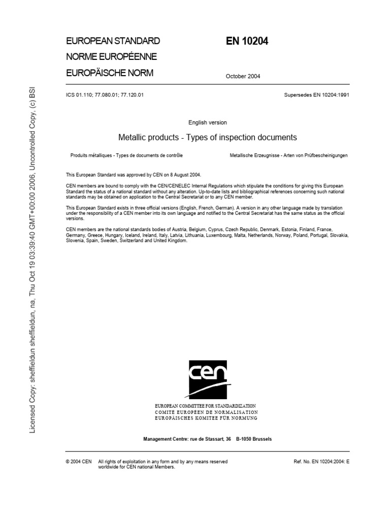 En 10204 | PDF | Specification (Technical Standard) | Regulatory Compliance