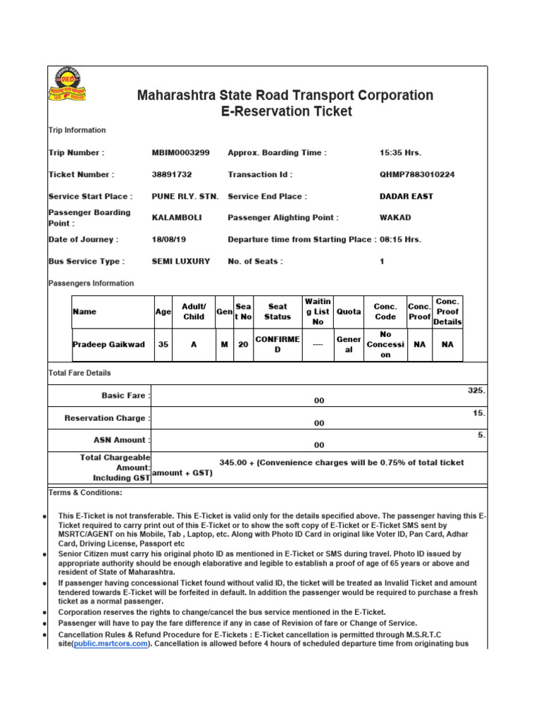 MSRTC E-Ticket Details and Policies | PDF | Identity Document | Fare