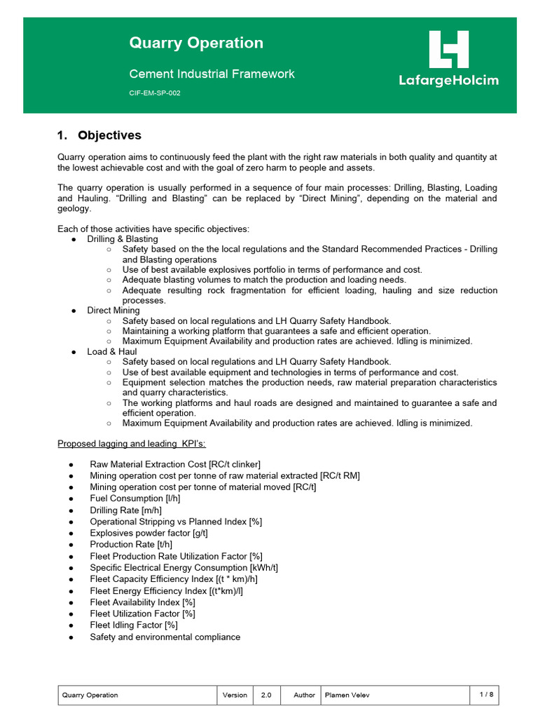 Quarry Operation Process and KPIs Guide | PDF