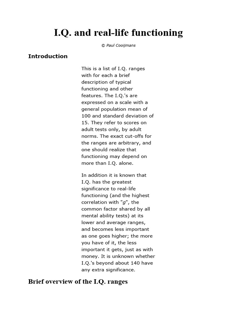 I.Q. Ranges and Life Functioning Insights | PDF