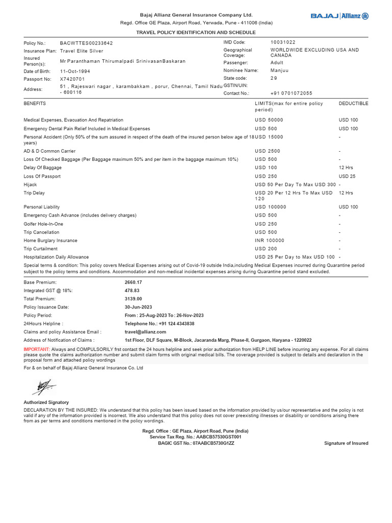 Policy No-BACWTTES00233642 | PDF | Insurance | Deductible