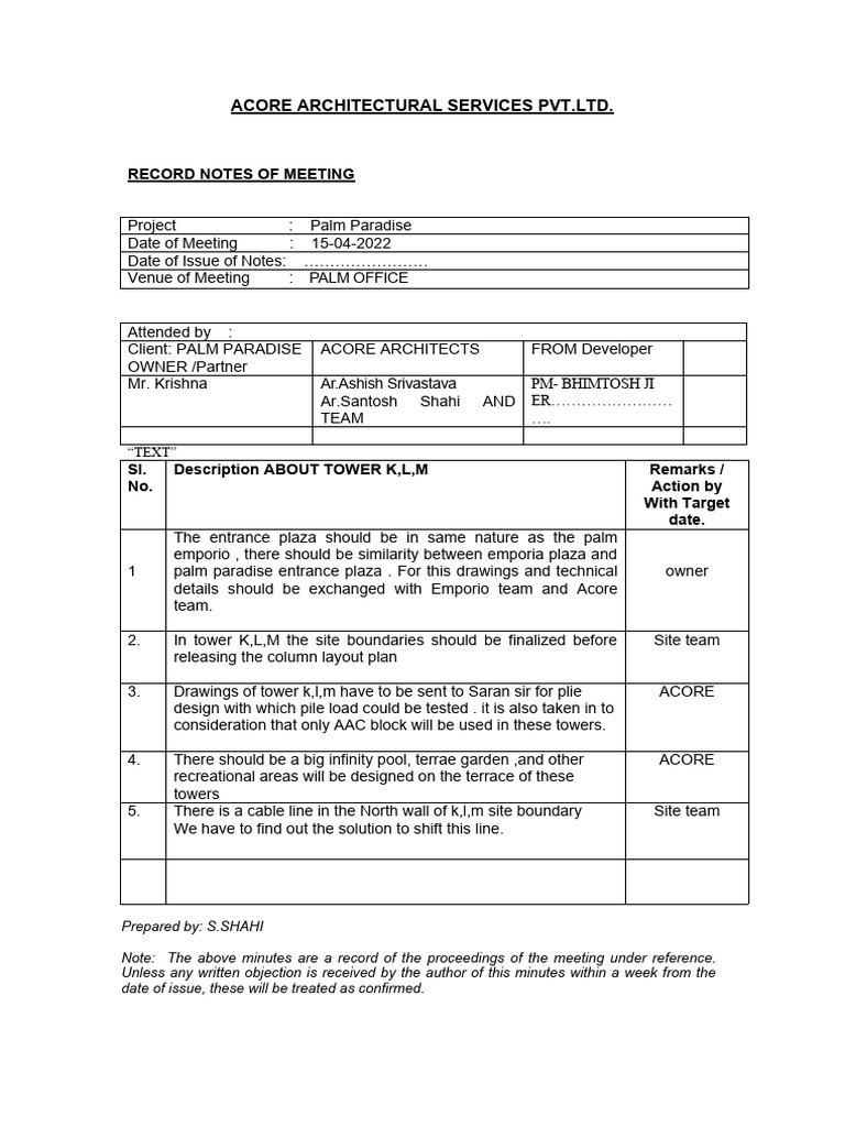 Acore Architectural Services Pvt Ltd Record Notes Of Meeting Pdf