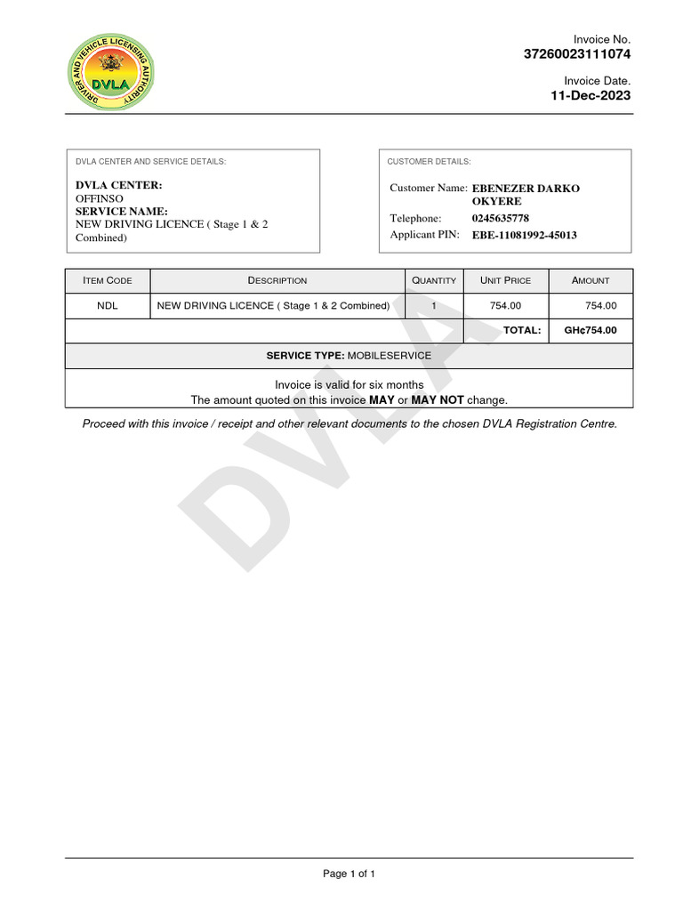 DVLA Invoice for New Driving Licence | PDF
