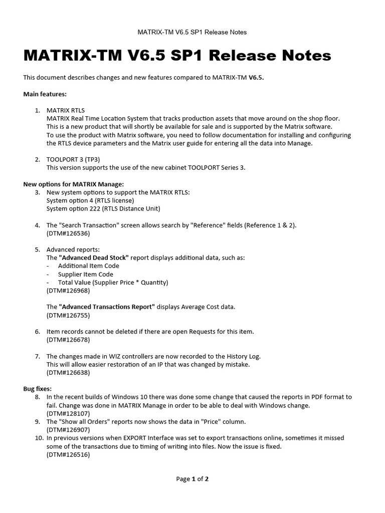 Matrix V6.5 SP1 Release Notes | PDF