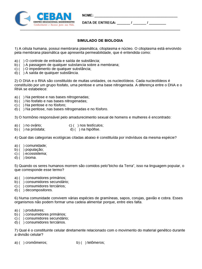 Simulado de Biologia: Questões e Respostas | PDF | Ciências e Matemática