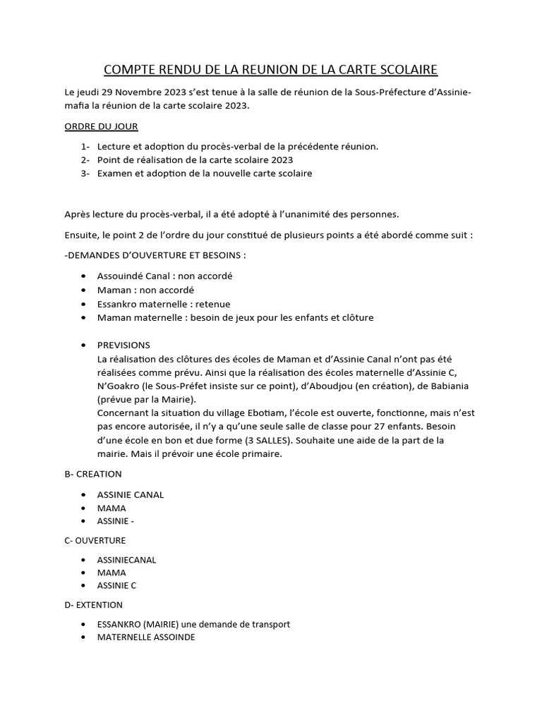 Compte Rendu de La Reunion de La Carte Scolaire | PDF