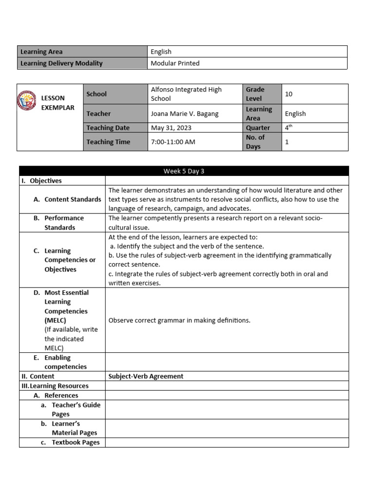 Subject-Verb Agreement Lesson Plan | PDF | Grammatical Number | Verb