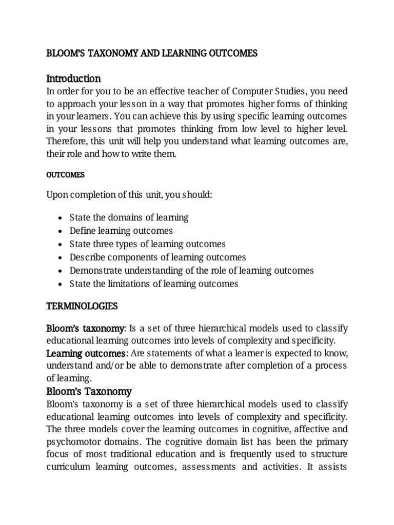 11 Bloom's Taxonomy and Learning Outcomes | PDF
