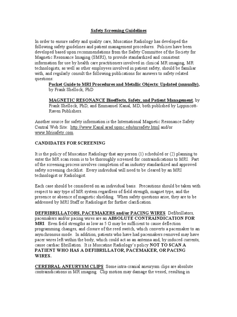 MRI Safety Screening Guidlines | PDF | Magnetic Resonance Imaging ...