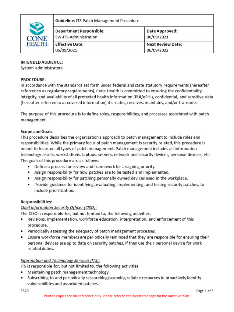 HITRUST Policies - Patch Management Procedure | PDF