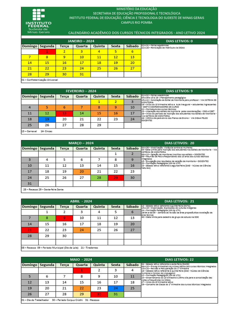 Calendario Academico 2024 Cursos Tecnicos Integrados | PDF