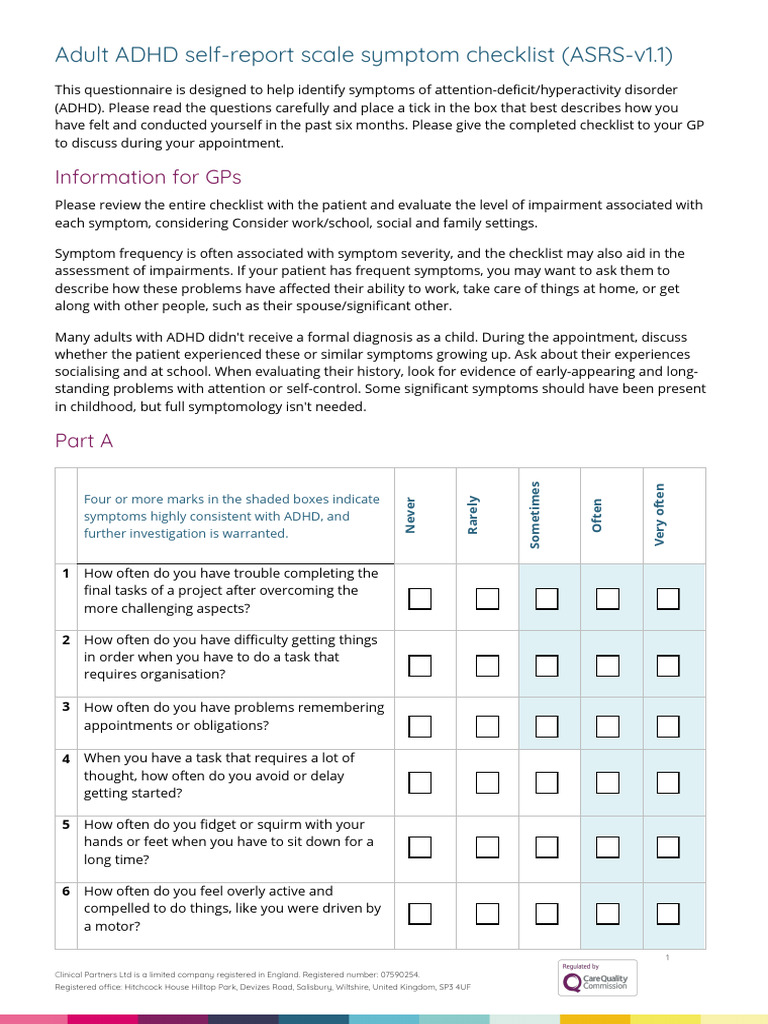 Adult Adhd Self Report Scale Scoring Chart