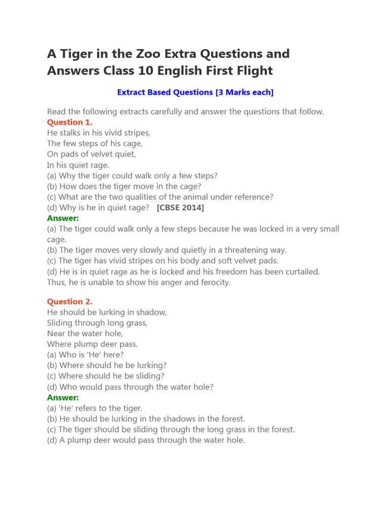 Class 10: A Tiger in the Zoo Q&A | PDF | Language Arts & Discipline ...