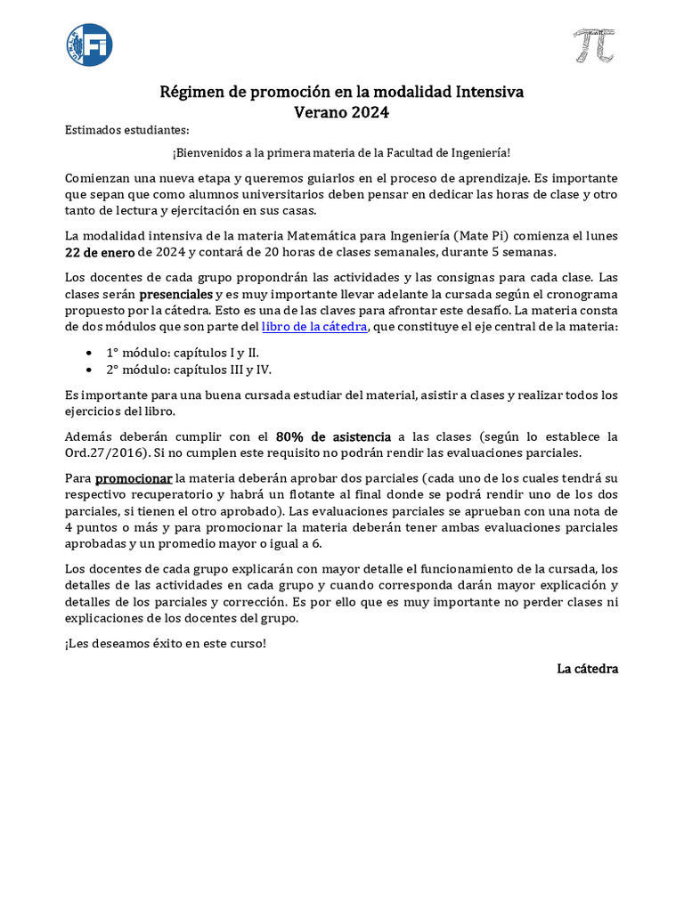 Regimen Ingresantes 2024 Cursada y Parciales PDF