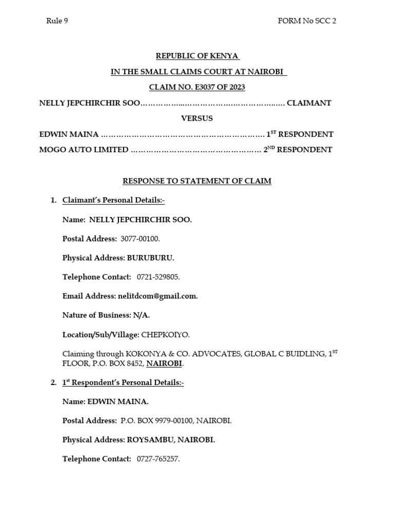Response To Statement of Claim - Nelly Soo | PDF
