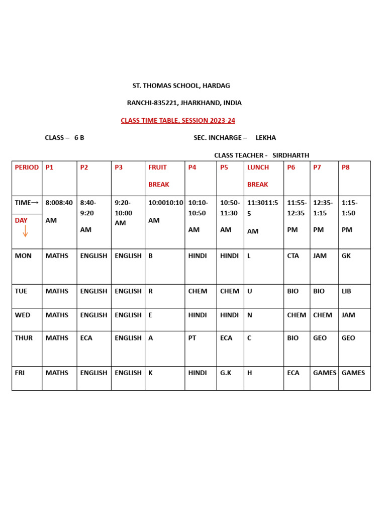 Class Time Table, Session 2023-24 | PDF