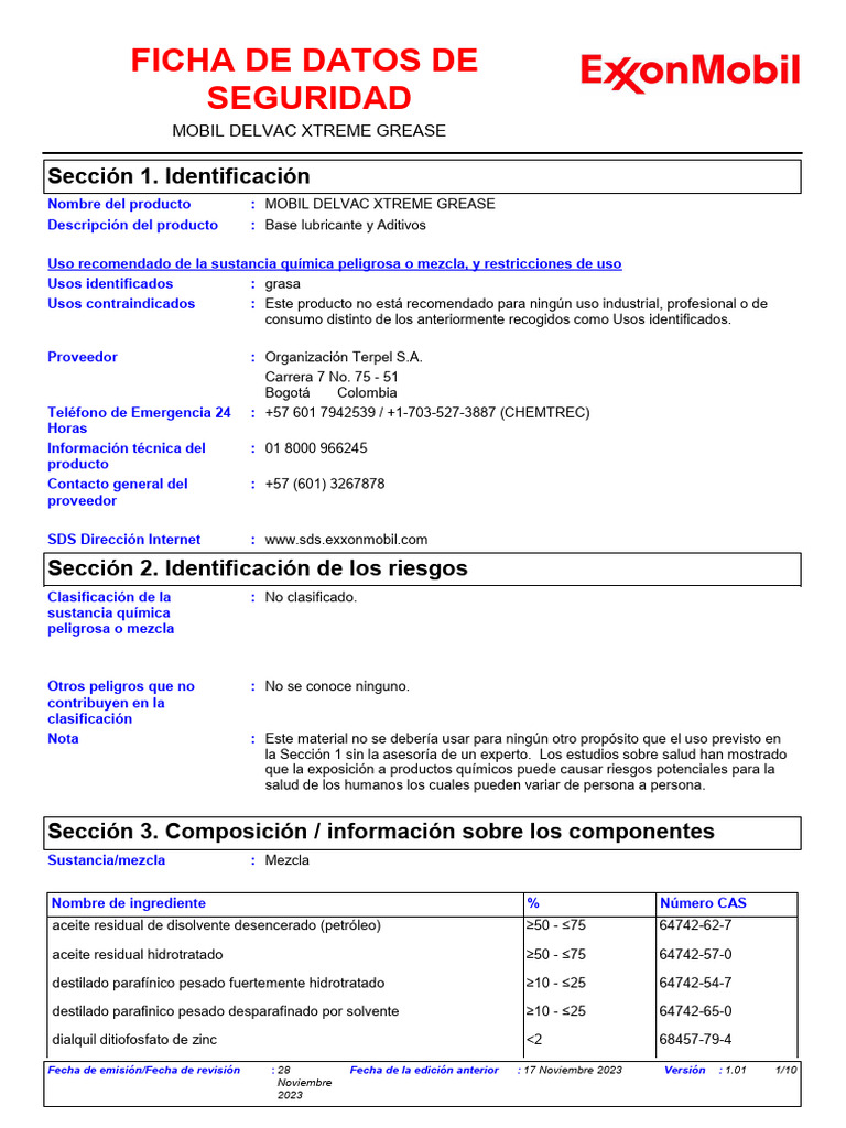 HOJA DE SEGURIDAD MOBIL DELVAC EXTREME GREASE PDF