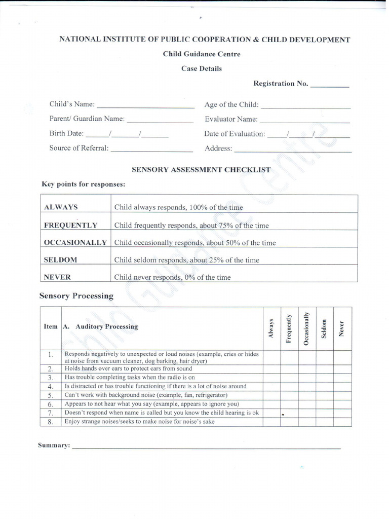 Sensory Assessment Checklist PDF