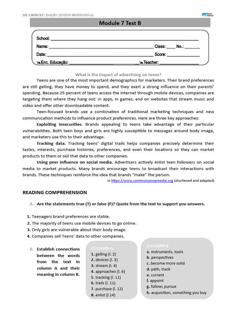 Test B Mod 7-2-Teste | PDF | Career & Growth | Language Arts & Discipline