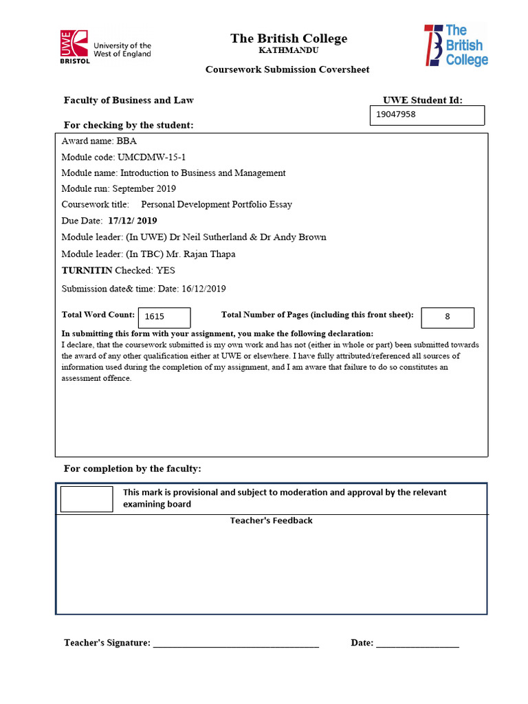 BBA Student's Self-Reflection | PDF | Business | Finance & Money Management