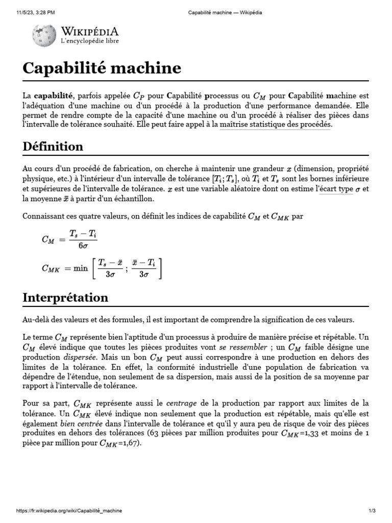 Capabilité Machine - Wikipédia | PDF