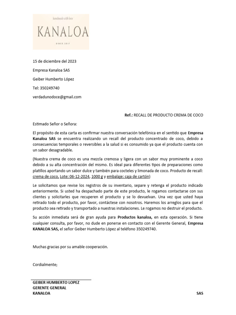MODELOCARTARECALLdocx PDF