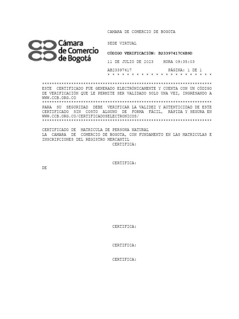 Certificado de Cámara de Comercio Bogotá | PDF