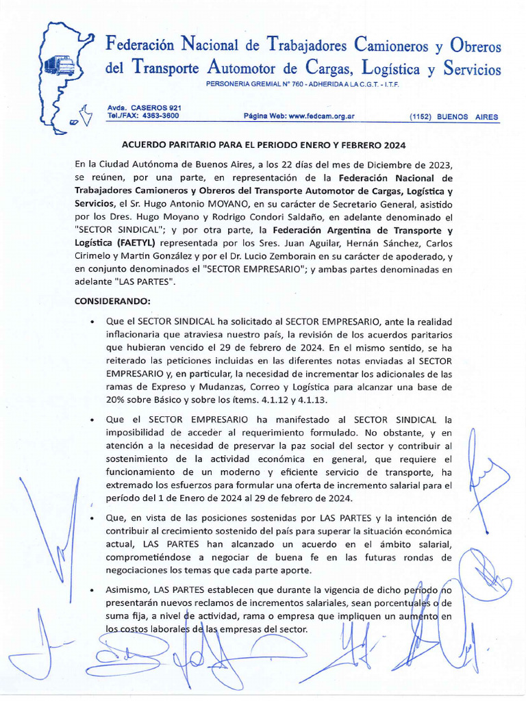 Camioneros Acuerdo Paritario Enero y Febrero 2024 PDF