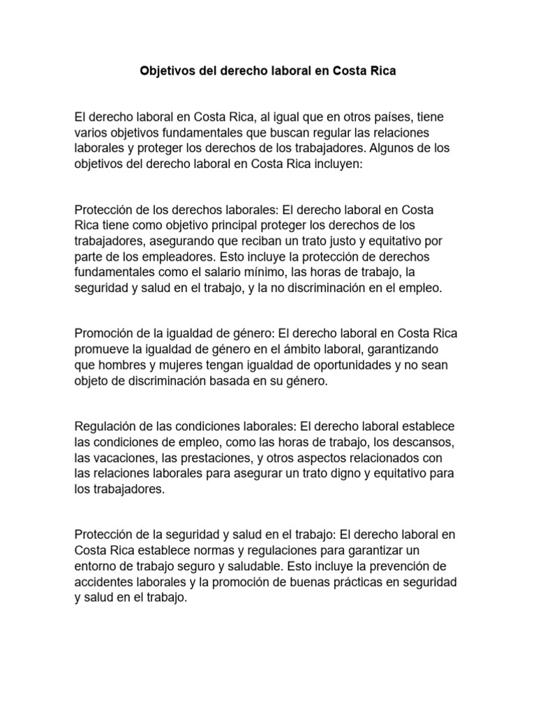 Objetivos Del Derecho Laboral En Costa Rica Pdf