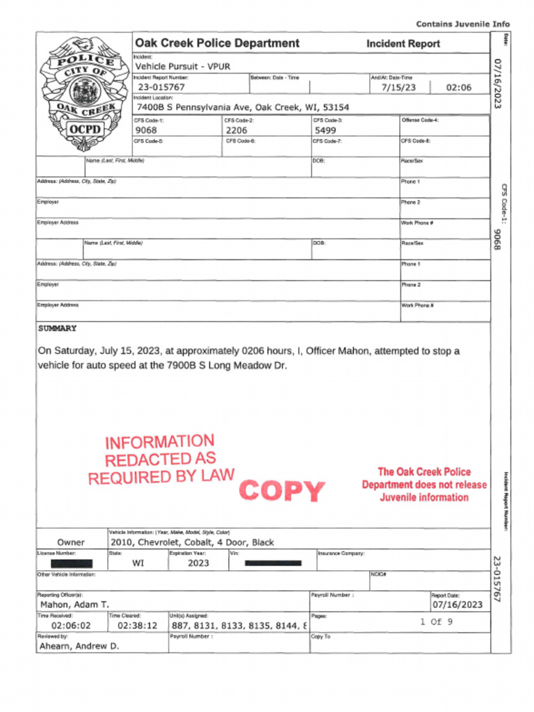 Oak Creek Franklin and Milwaukee Police Report For Chase and Missing