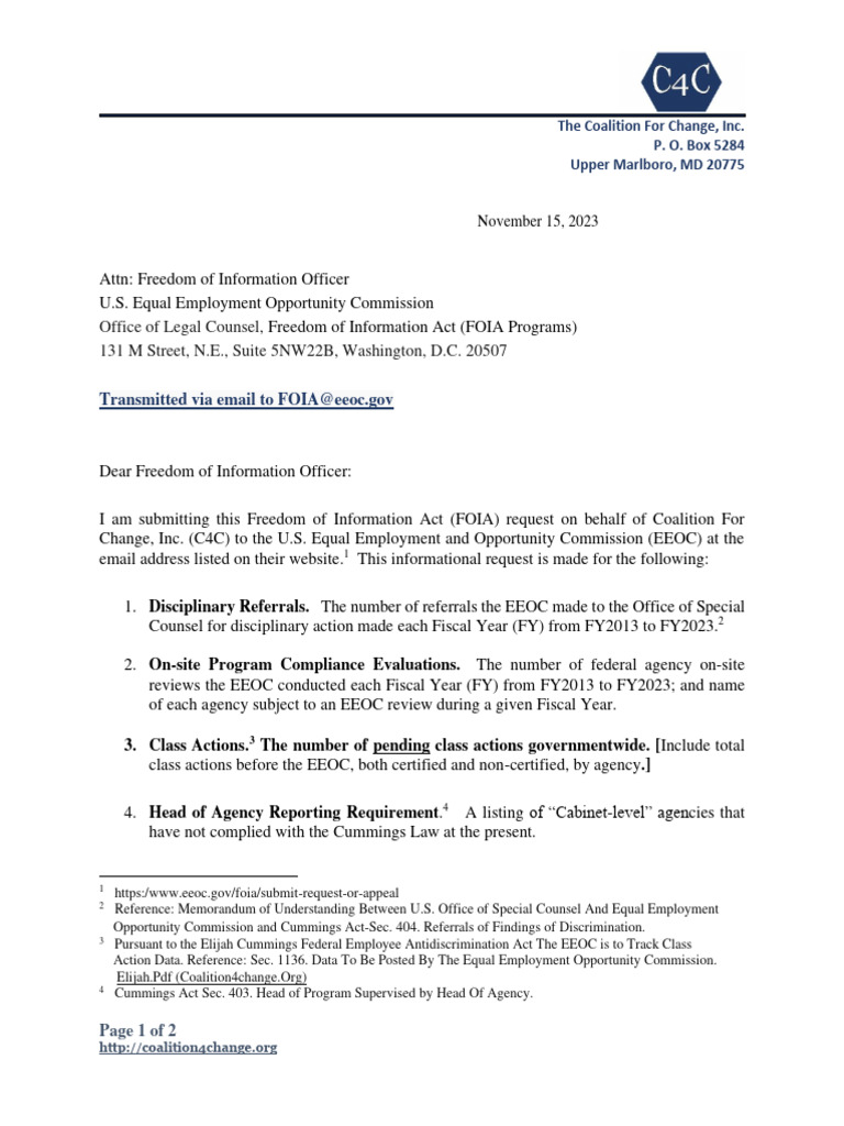 Coalition For Change, Inc. (C4C) FOIA Request To EEOC Nov. 2023 | PDF ...
