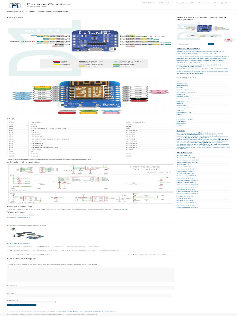WeMos D1 Mini Pins and Diagram | PDF