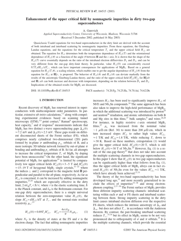 Upper Critical Field in Two-Gap Superconductors | PDF | Science ...