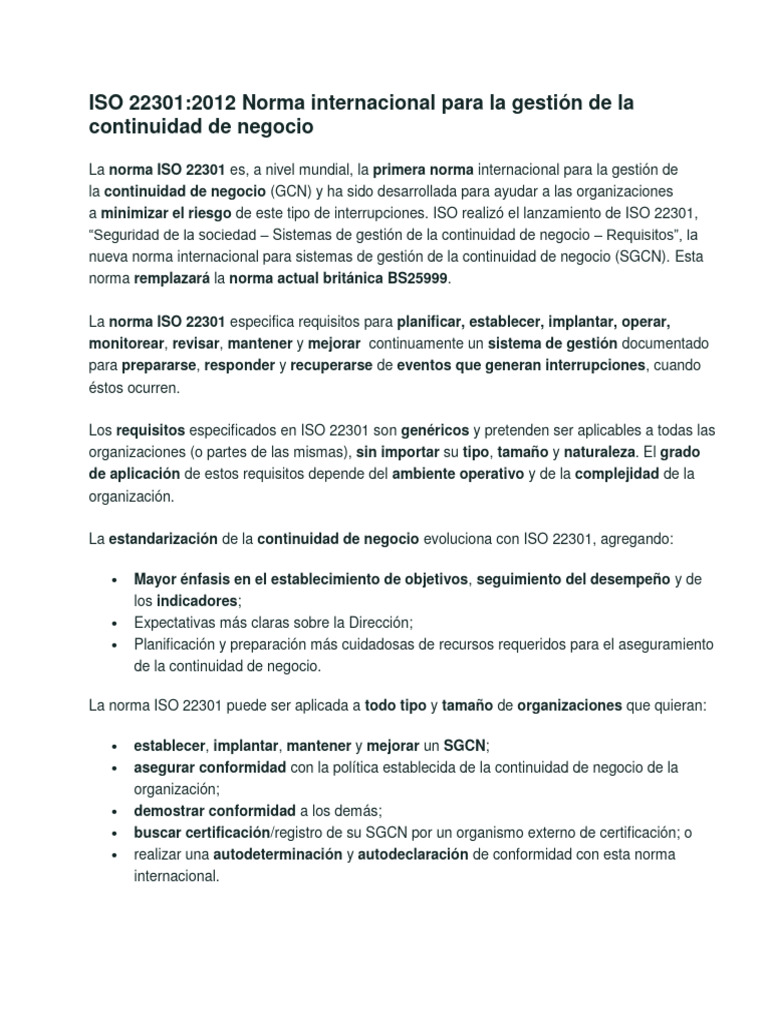 ISO 22301: Gestión de Continuidad de Negocio | PDF | Planificación ...