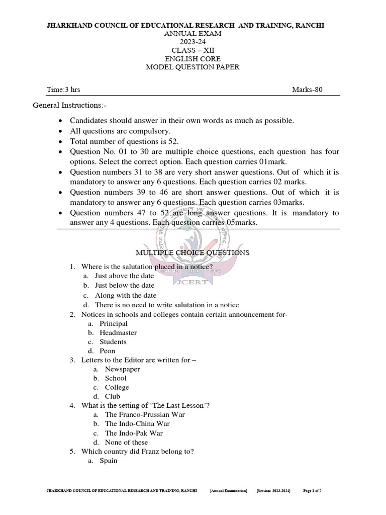 Netarhat Class XII English Exam Paper | PDF