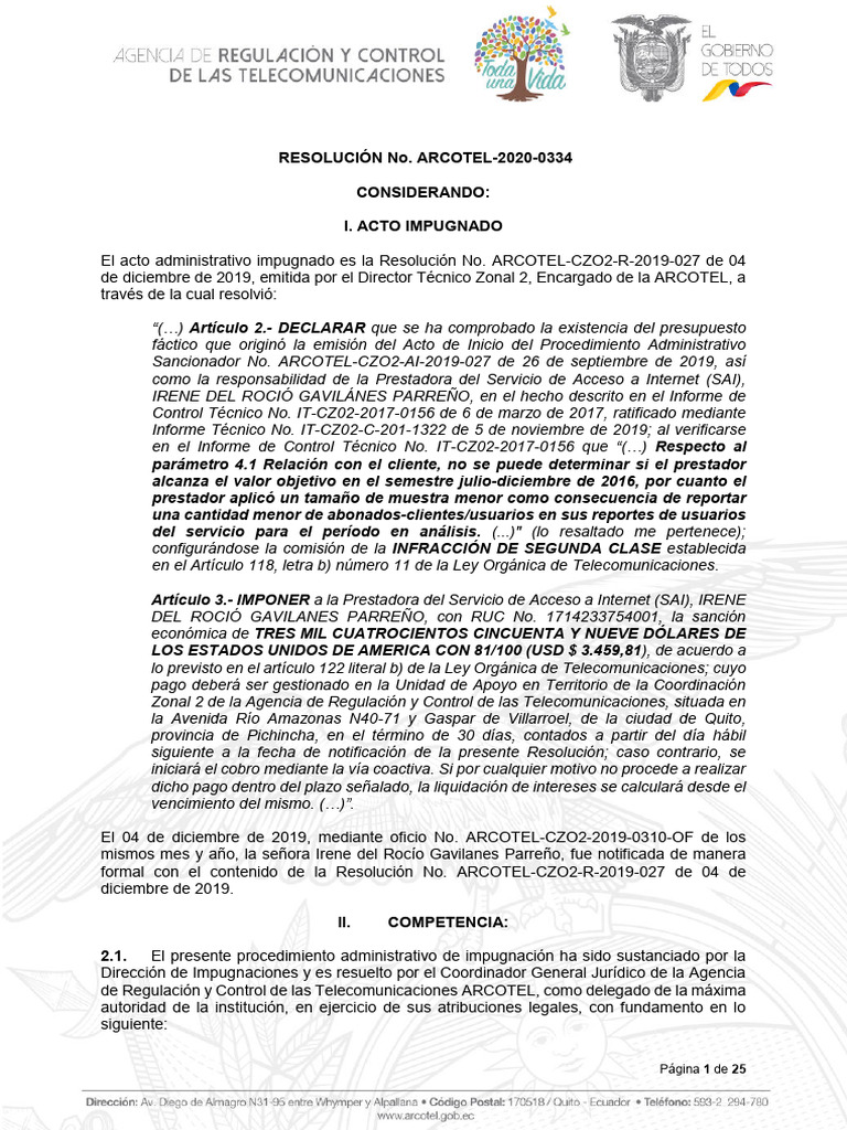 Resolucion ARCOTEL 2020 0334 | PDF