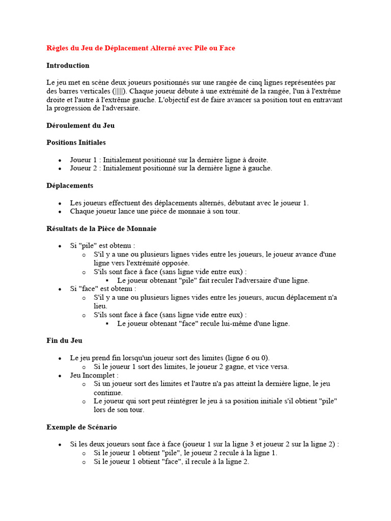 Règles du Jeu de Déplacement Alterné avec Pile ou Face PDF