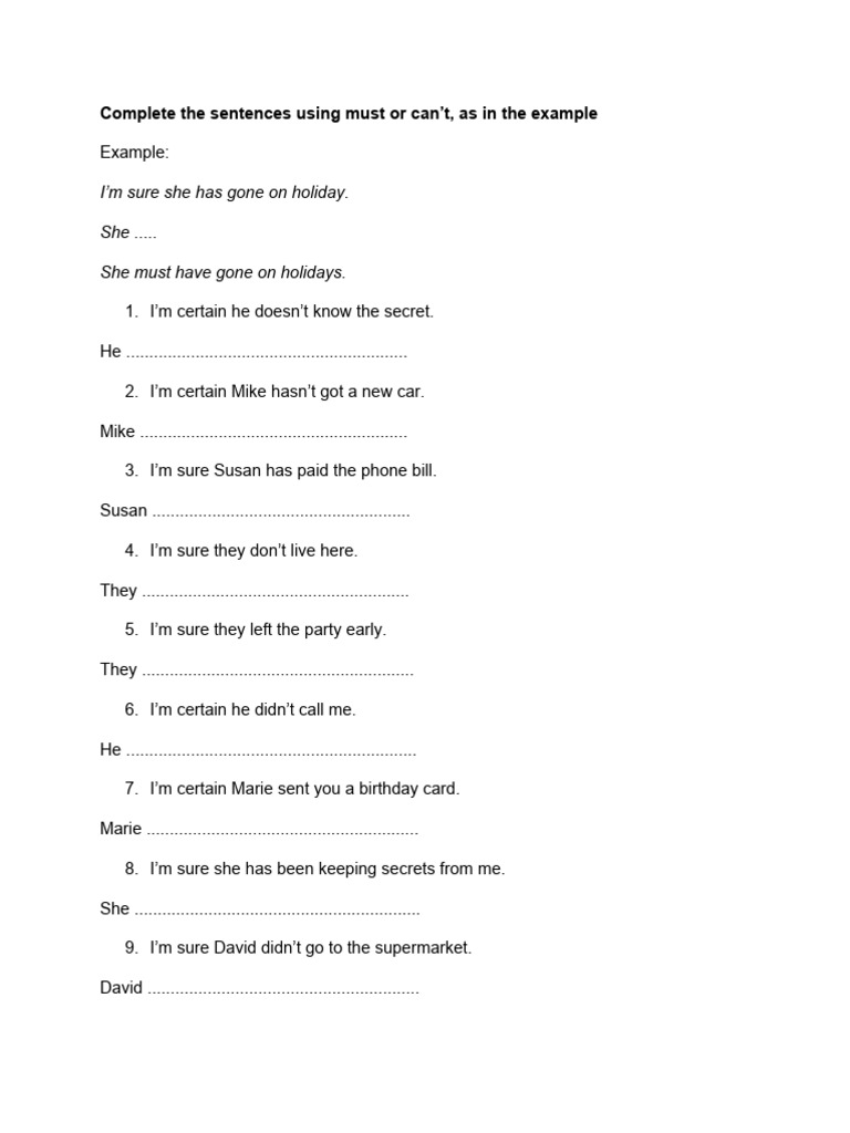 Must or Can't: Sentence Completion Exercise | PDF | Games & Activities ...