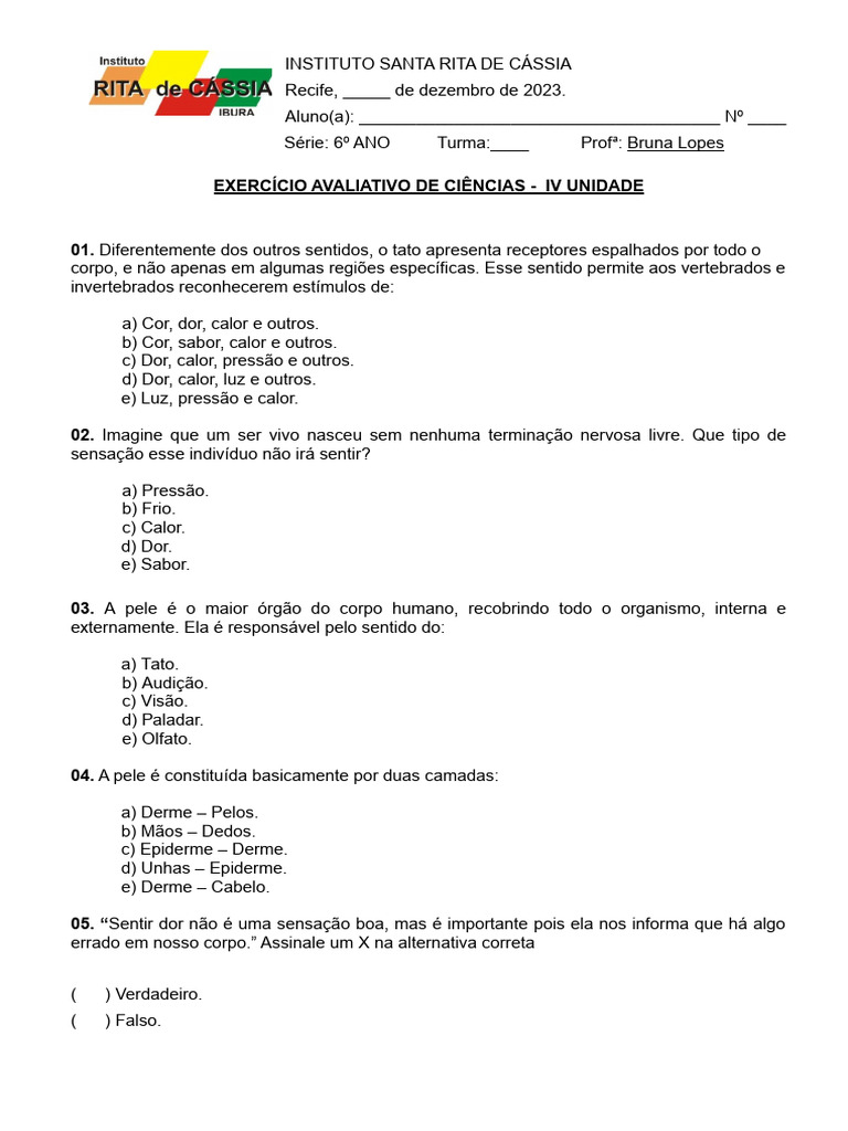 23 Provas de Ciências IV Unidade | PDF