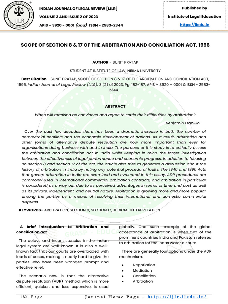 Scope of Section 8 & 17 of The Arbitration and Conciliation Act, 1996 | PDF