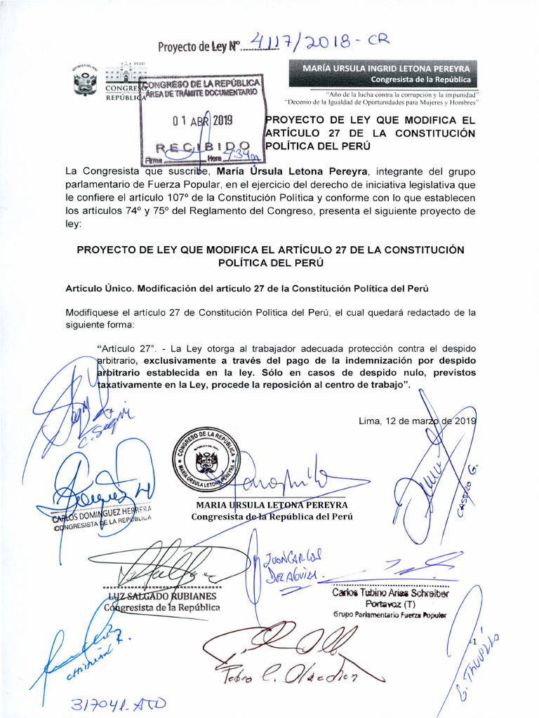 Proyecto de Ley Que Modifica El Artículo 27 de La Constitución Política ...