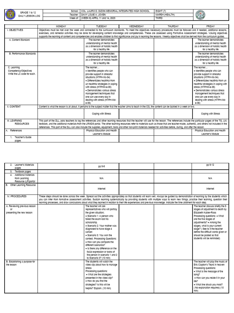 Grade 8 MAPEH Daily Lesson Log | PDF | Learning | Teachers
