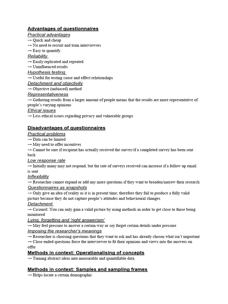 Pros and Cons of Questionnaires in Research | PDF