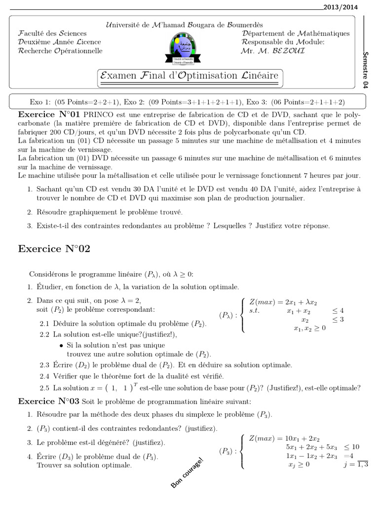 Examen d'Optimisation Linéaire 2014 | PDF | Optimisation linéaire ...